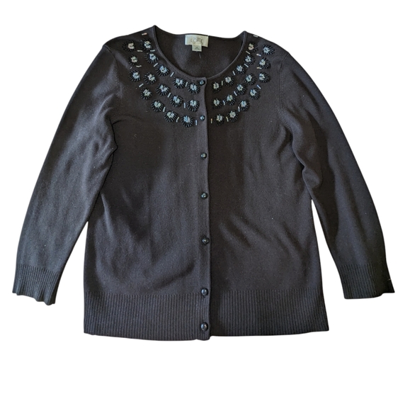 Ann Taylor Loft Petites Black Beaded Cardigan Button Up Women Sweater, Size MP - Picture 1 of 5